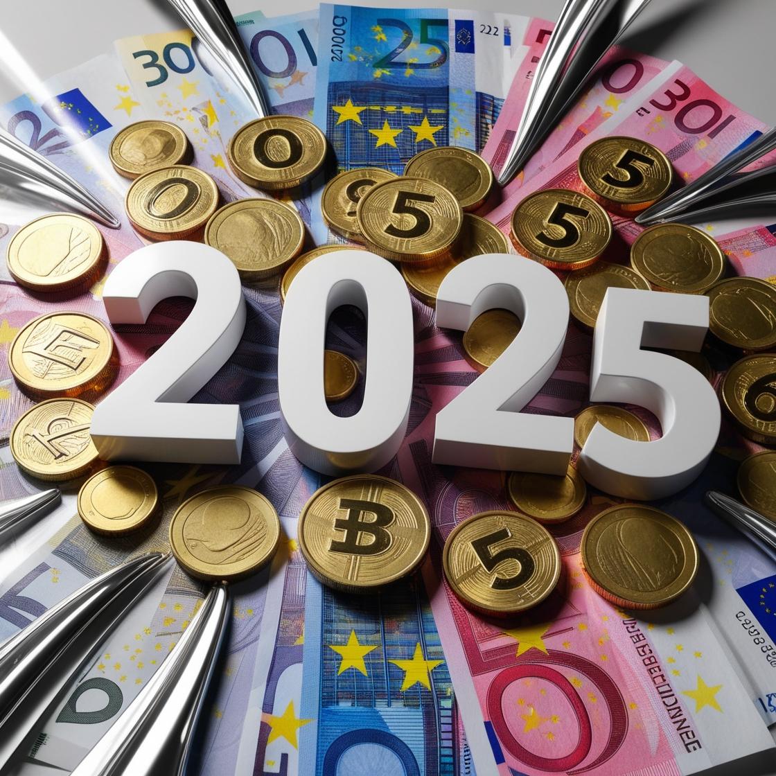 Crée Un Visuel Type Photo Réaliste Dynamique Et Attrayant Qui Représenter Le Nombre 2025. Entouré De Pièces D'euros De Billets En Euro. Année 2 0 2 5 Le Chiffre 2025 Doit êt (1)
